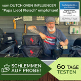 Eingebrannter Dutch Oven ohne Füsse ca. 9 Liter inkl. Feuerstahl & Grillhandschuhe