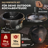 Rustikaler Dutch Oven ohne Füsse ca. 8 Liter (8 QT) inkl. Feuerstahl & Grillhandschuhe