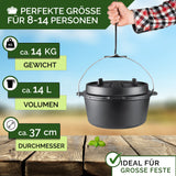 Eingebrannter Dutch Oven ohne Füsse ca. 14 Liter (14 QT) inkl. Feuerstahl & Grillhandschuhe