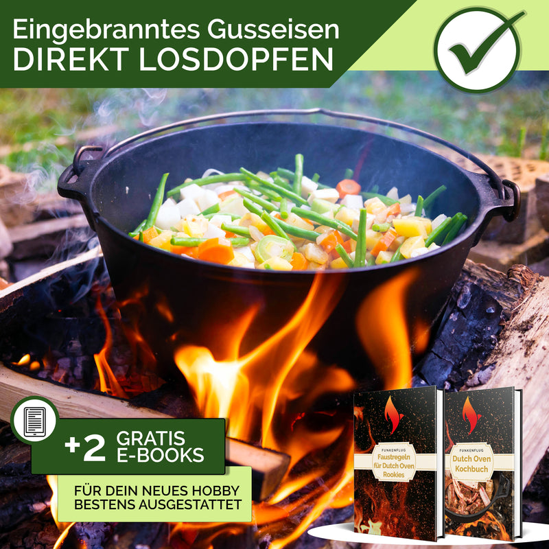Eingebrannter Dutch Oven ca. 5 Liter (5 QT) inkl. Feuerstahl & Grillhandschuhe