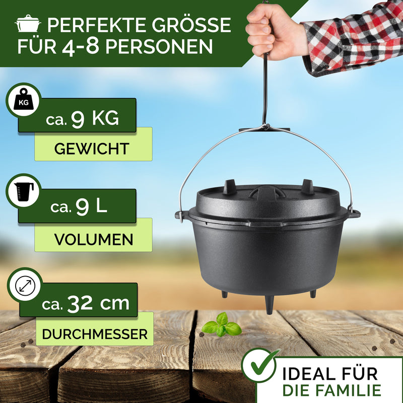 Eingebrannter Dutch Oven ca. 9 Liter (9 QT) inkl. Feuerstahl & Grillhandschuhe