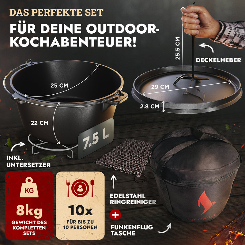 Rustikaler Dutch Oven ohne Füsse ca. 8 Liter (8 QT) inkl. Feuerstahl & Grillhandschuhe