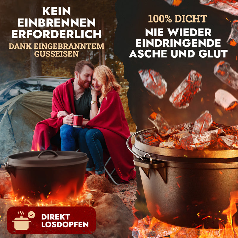 Rustikaler Dutch Oven ohne Füsse ca. 8 Liter (8 QT) inkl. Feuerstahl & Grillhandschuhe