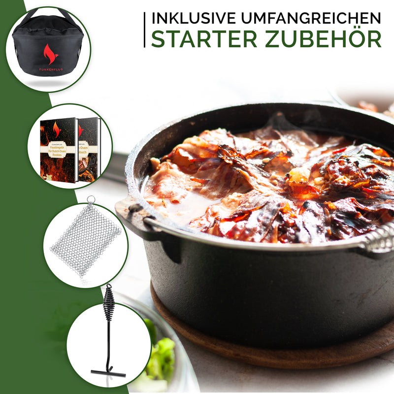 Eingebrannter Dutch Oven ohne Füsse ca. 14 Liter (14 QT) inkl. Feuerstahl & Grillhandschuhe